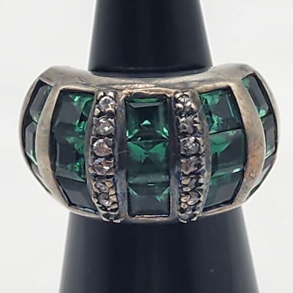 Sterling Silver Green Crystal & Clear CZ Ring (5) - Picture 1 of 9
